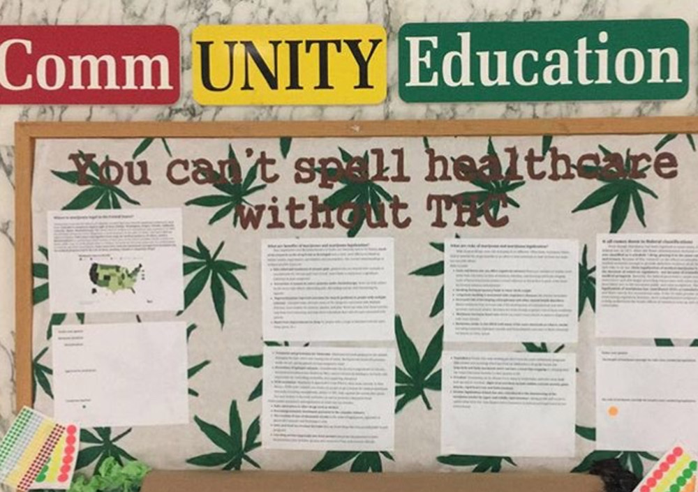 Photo of "You Can't Spell Healthcare Without THC" bulletin board
