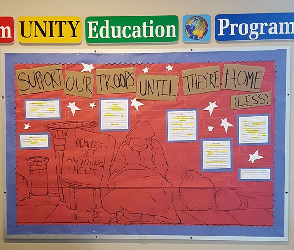 Photo of "Support Our Troops Until They're Home(Less)" bulletin board